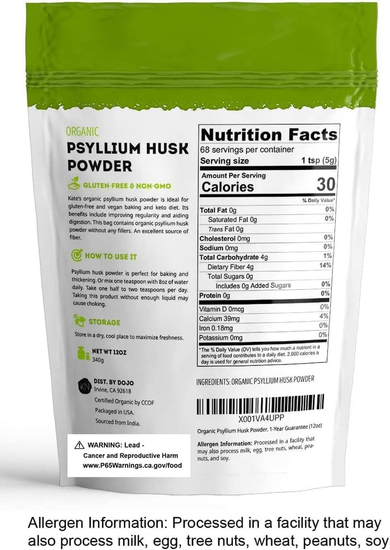 [Australia] - Kate Naturals Psyllium Husk Powder for Baking, Fiber & Digestion. Psyllium Seed Powder for Dogs & Cats (12oz, Organic, Gluten Free, Pet Safe) 