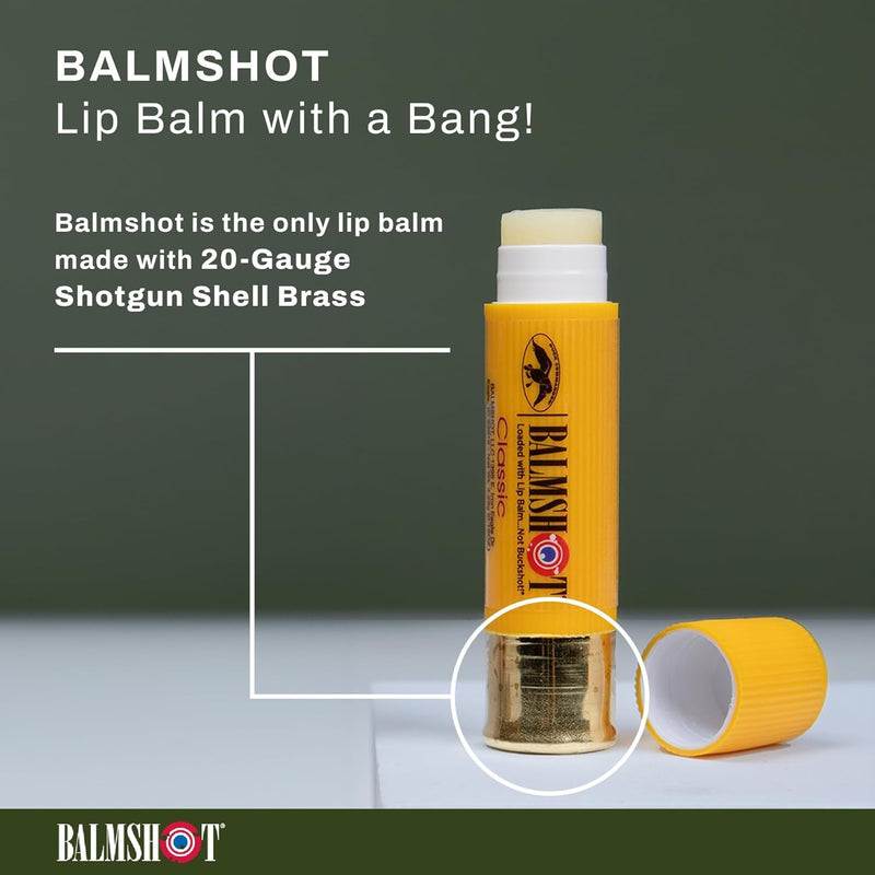 BALMSHOT Lip Balm - Multipack of four (4) SPF 15 Beeswax Chapstick with Aloe & Vitamin E, PABA Free - 20-Gauge Brass Shotgun Shell Tube – Heat Resistant, Long Lasting Lip Moisturizer – Made in USA