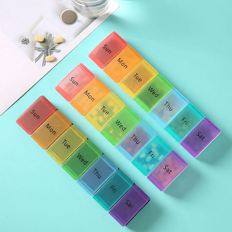 Pill Organizer, Weekly Portable Pill Dispenser, Travel Daily Case | 7 Compartment Medication Planner Case Box Holder for Vitamin, Medicine, Fish Oil, Supplements, Transparent, 7-Color lid Box