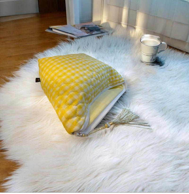 Handmade Quilted Cosmetic Bag – Yellow Gingham Cotton Fabric with Zipper Tassel