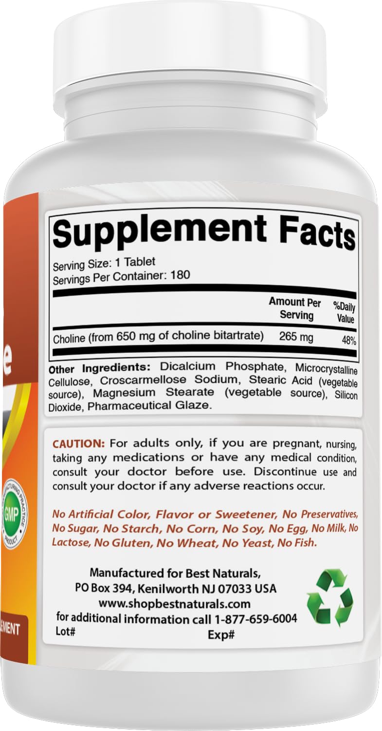 Best Naturals Choline 650 mg 180 Tablets (180 Count (Pack of 1))