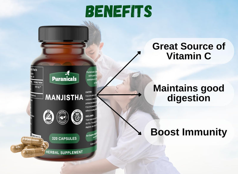 [Australia] - Manjistha Premium 320 Capsules Non GMO and Gluten Free | Herbal Supplement | 500 mg Per Serving | Made with 100% Pure Manjistha Root Powder Manjistha Capsules 320 Count (Pack of 1) 