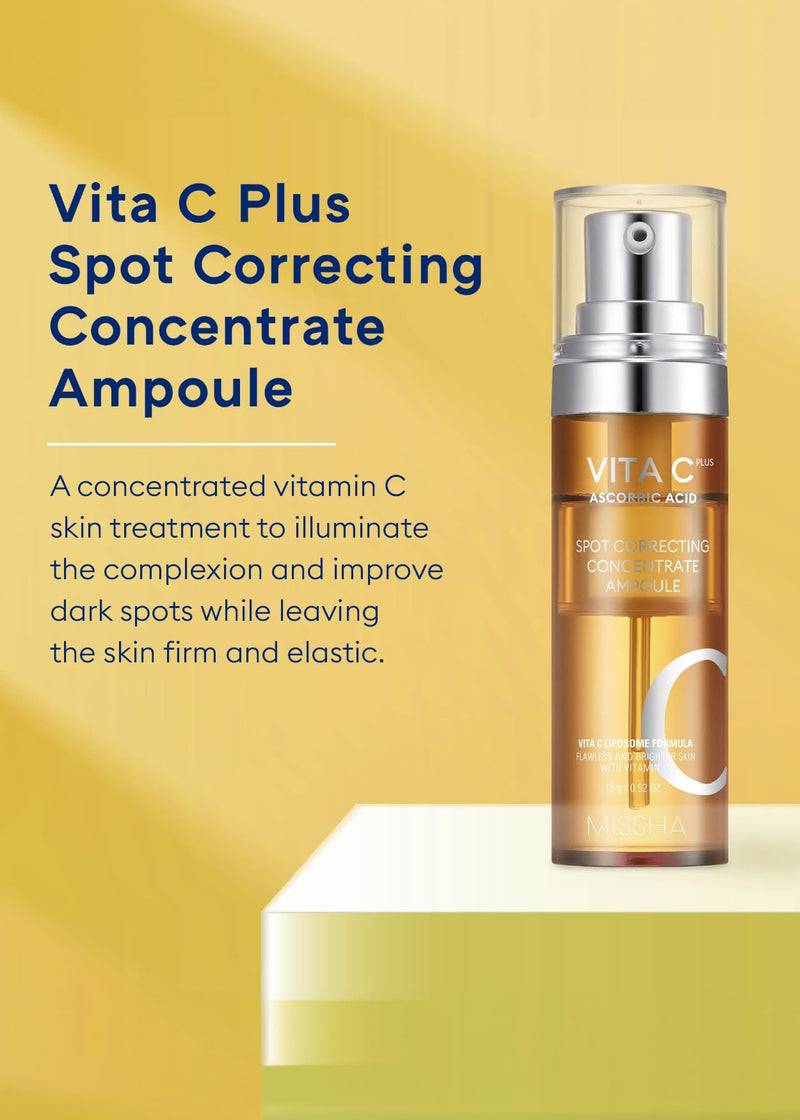 MISSHA Vita C Plus Concentrate Ampoule Vitamin C Serum 0.52 oz | 10% pure formula with liposome technology and PHA supports smoother texture, radiant-looking tone, and firm-looking feel. 0.52 Fl Oz (Pack of 1) Correcting Concentrate Ampoule