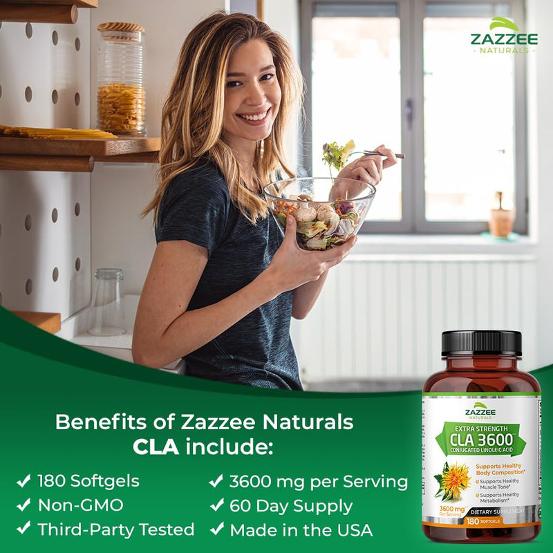[Australia] - Zazzee High Potency CLA 3600, 180 Softgels, 3600 mg per Serving, Conjugated Linoleic Acid from Safflower Oil, Concentrated and Standardized, 60 Day Supply, Non-GMO and Made in The USA 