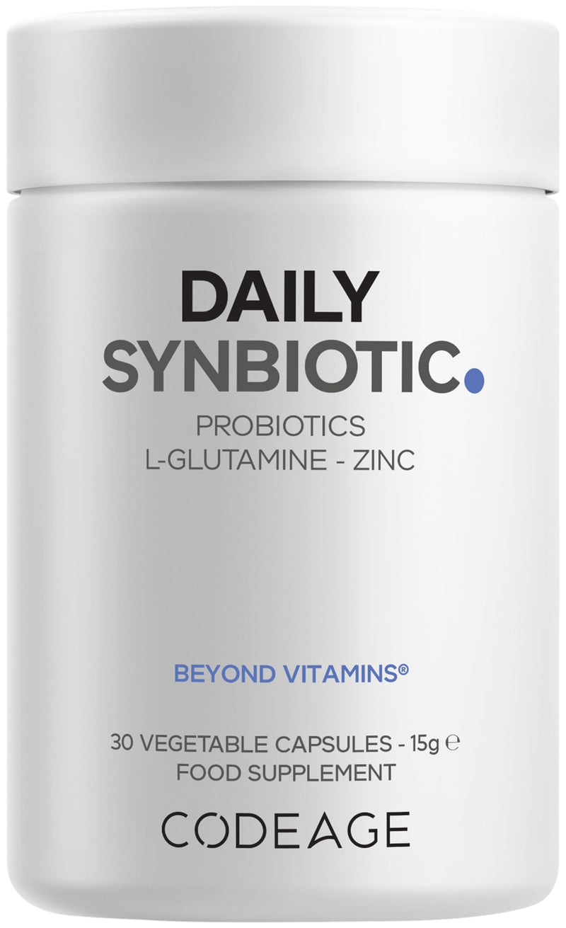 Codeage Daily Synbiotic Supplement - Prebiotics, Lactobacillus & Bifidobacterium Probiotics, L-Glutamine, Zinc L-Carnosine, DGL, Synbiotic Probiotic, BioPerine - Shelf-Stable - 30 Capsules