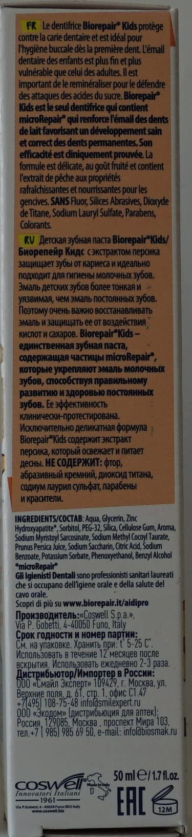 Biorepair Kids 0-6 Oral Care Toothpaste Peach 1.7fl.oz 50ml, Pack of 4