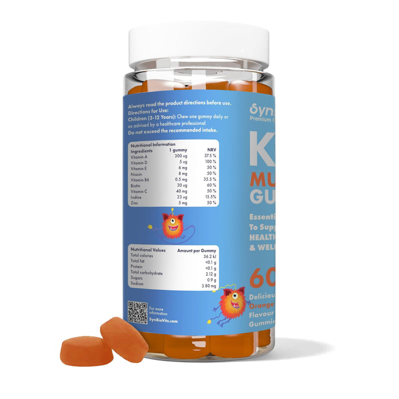 Kids Multivitamin Gummies | Daily Vitamins for Children Aged 3-12 | with Vitamin C, D, Zinc & More | Gelatin Free, Vegetarian, Halal & Kosher | 60 Tasty Orange Flavour Gummies