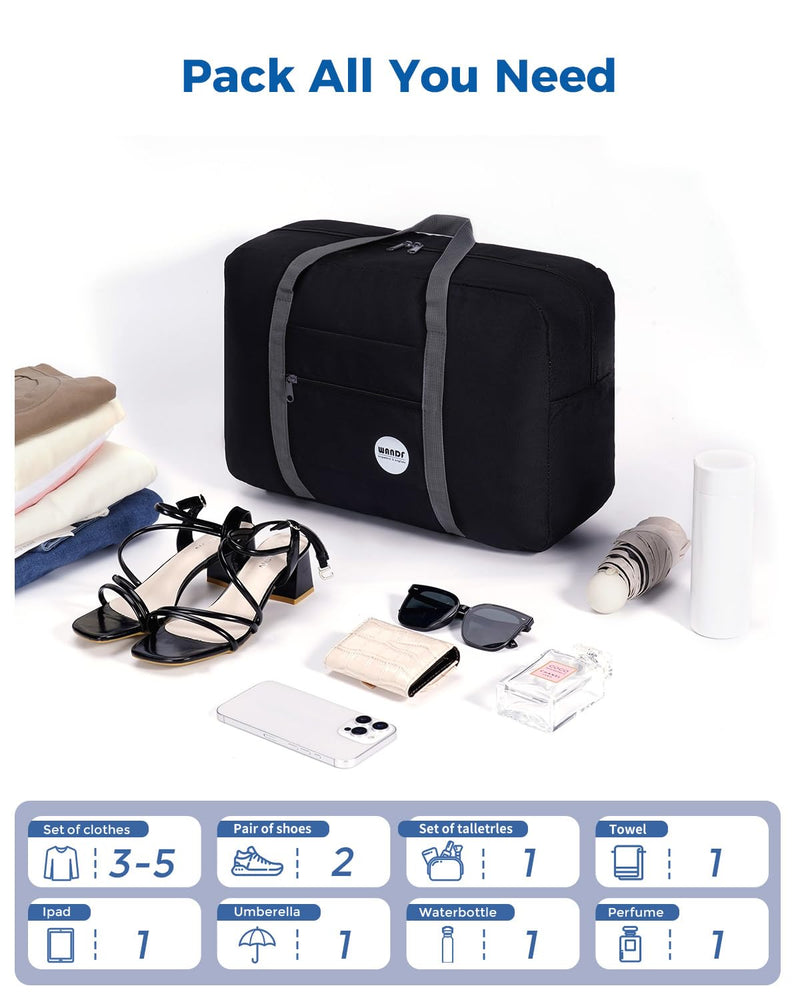 WANDF Personal Item Travel Bag, Carry On Duffle Bag Women | 18x14x8 inches, Airline Underseat Aprroved, Weekend Overnight Trips, Lightweight Packable 17.7 x 6.3 x 12.6 inches F-Black+Pink