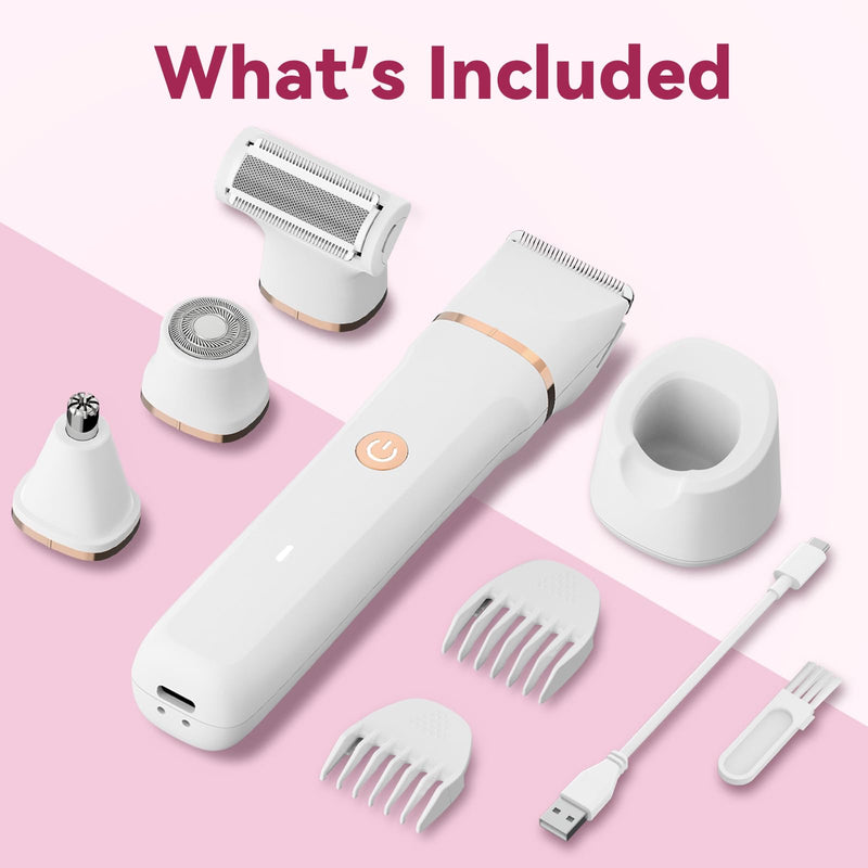 [Australia] - Electric Bikini Trimmer for Women - 4 in 1 Electric Razors for Women, Waterproof Pubic Hair Trimmers and Facial Hair Remover, Replaceable Shaver & Nose Hair Trimmer, Rechargeable Women's Grooming Kit White 