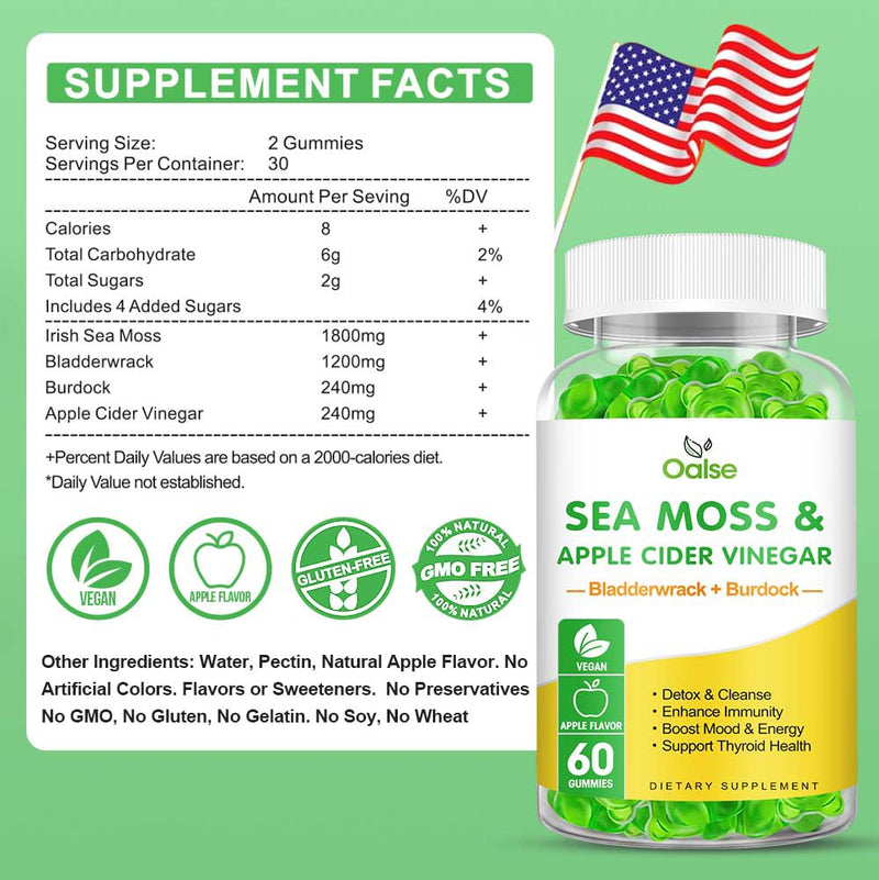 Sea Moss Gummies, Bladderwrack, BurdockRoot for Immune Health | 60Count, Apple Flavor 60 Count (Pack of 1)