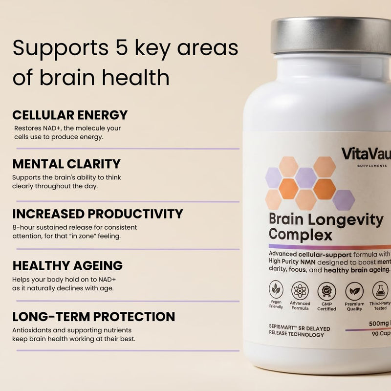 VitaVault NMN Supplement | 500mg with Resveratrol, Quercetin, TMG & Pterostilbene | NAD+ Support | 90 Capsules | Brain Longevity Complex | Supports Focus & Healthy Ageing | Sustained Release