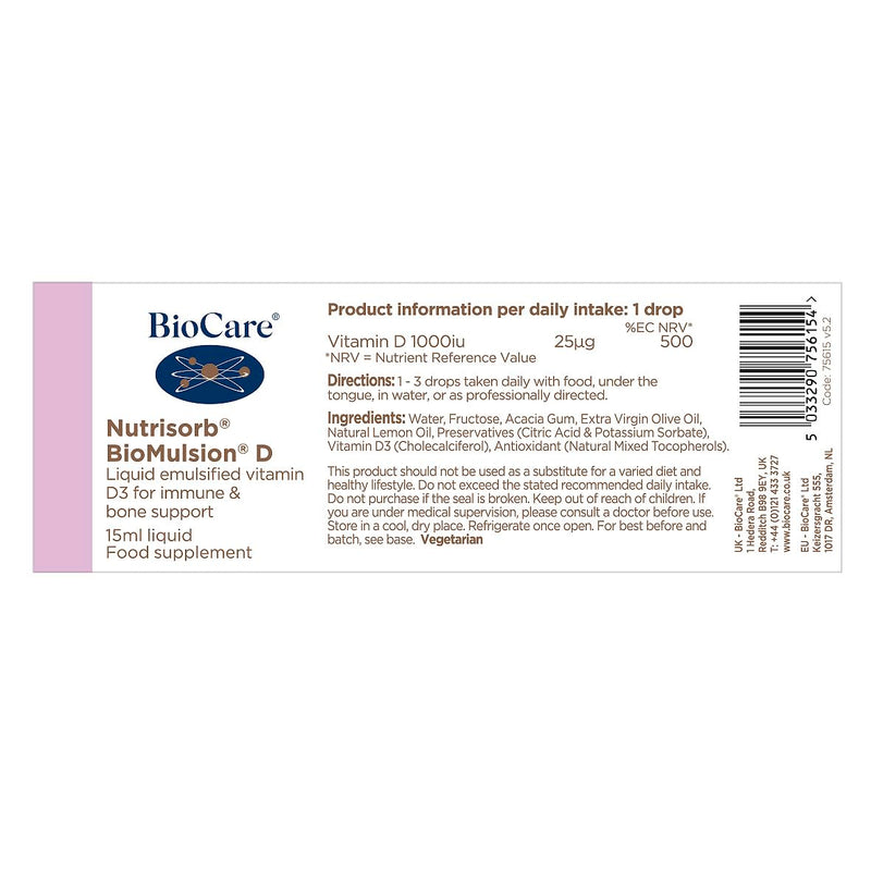 BioCare Nutrisorb BioMulsion D - High Potency Vitamin D3, Easily Absorbed Liquid - for Bone Health & Immune Support - 15ml 15 ml (Pack of 1)