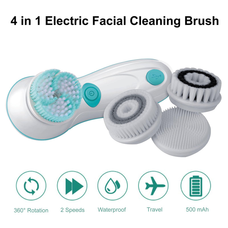 [Australia] - Facial Cleansing Brush, Electric Face Scrubber with 4 Cleanser Heads and 2 Speeds Adjustable for Deep Cleaning, Portable Rechargeable and Waterproof Face Wash Brush for Women & Men (Green) Green 