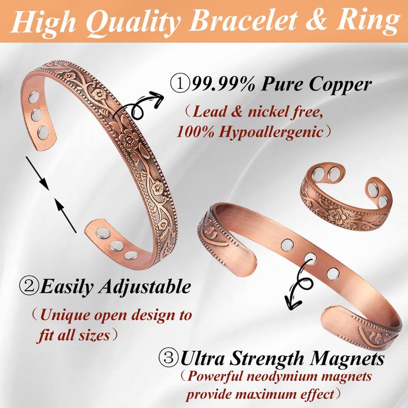 Copper Bracelets for Women and Copper Ring 99% Pure Copper Ring Bracelet Adjustable Size Bangle Christmas Gift Set (Copper) 9x Copper Plum+4x