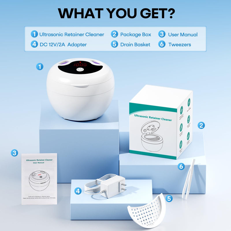 Upgraded Ultrasonic Retainer Cleaner Machine, 48kHz Ultrasonic Dentures Cleaner for Mouth Guards, Braces, Aligner, Toothbrush & Jewelry, 200ML Capacity, White Pearl White