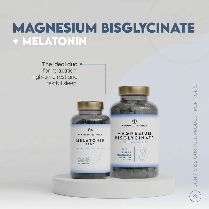Magnesium Bisglycinate 2250mgt, 450mg Elemental Magnesium, Vitamin D3 + B6 (up to 5 Months) 150 High Absorbtion Divisible Tablets, Help Reduce Tiredness and Fatigue. N2 Natural Nutrition