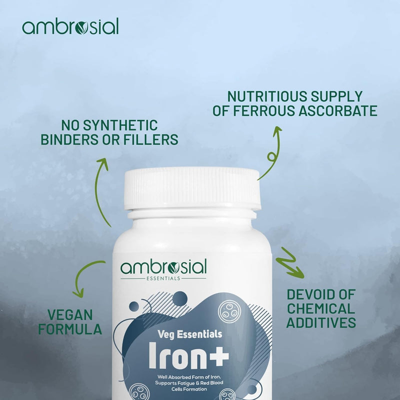 Ambrosial Iron Capsules 25mg - High Strength Supplements for Women & Men - Blood Support for Tiredness & Fatigue - Non-Constipating, Enhanced Absorption - Vegan, Gluten Free - 120 Iron Capsules 120 count (Pack of 1)