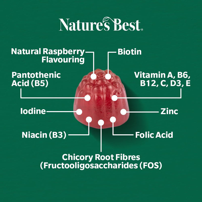 Nature’s Best Multi-Max Multivitamin Gummies for Hair, Skin & Nails - with Biotin, Zinc & Vitamin C - Raspberry Flavour - 60 Gummies (60 Day Supply)