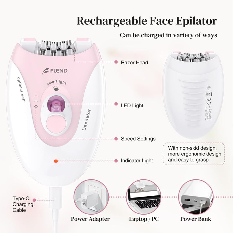 [Australia] - Smooth Glide Epilator for Women, 2 Speeds Facial Hair Removal Device with LED Light, 36 Tweezers & Massage Pad. Rechargeable Facial Hair Removal Epilator for Bikini, Arms, Legs, and Face Light-pink-06 