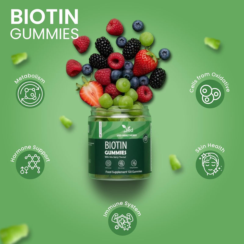VED Biotin Gummies 5000mcg – 120 Vegan Gummies with 7 Essential Vitamins, Natural Mixed Berry Flavor – Hair, Skin & Nail Support – Non-GMO, Gluten-Free, Vegetarian, 2 Month Supply.