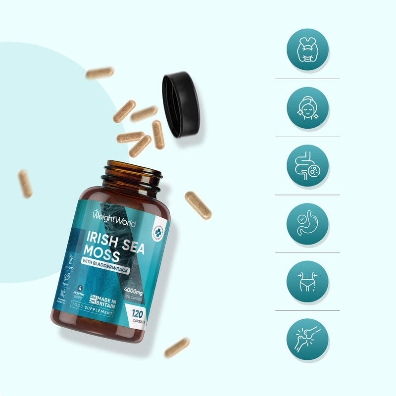 Irish Sea Moss 4000mg - 4 Months Supply - 120 Sea Moss Capsules - Added with 639mg of Bladderwrack - 1 Capsule a Day - Made in the UK - Non-GMO - Vegan & Magnesium Stearate-Free Supplement