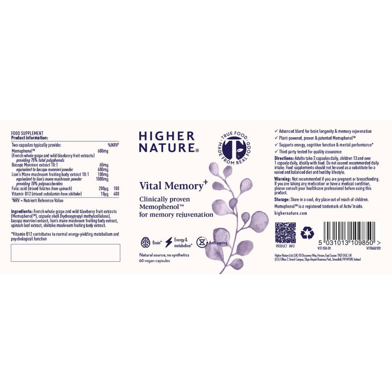 Higher Nature - Vital Memory⁺ - Brain Health Nootropic Supplement - Supports Energy & Mental Performance with Memophenol™, Lion's Mane Mushroom, Bacon Monnieri, True Food® B Vitamins - 60 Capsules