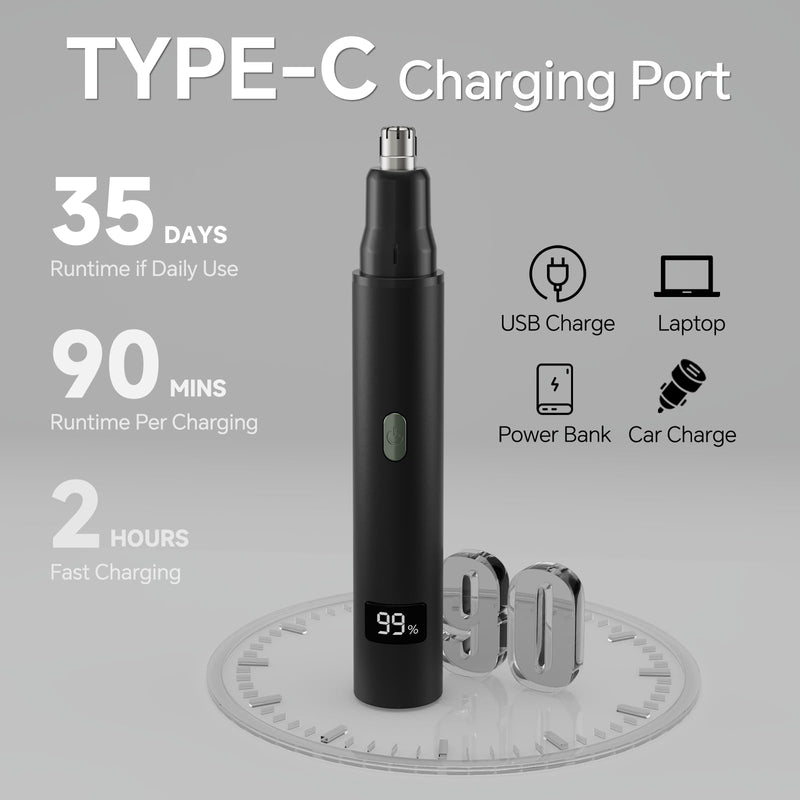 [Australia] - RUIM 3-in-1 Nose Hair Trimmer for Men & Women, Painless Eyebrow Ear Face Groomer, USB-C Fast Charge Waterproof with LED Display, Shower-Safe Travel Kit Gift for Dad Christmas 