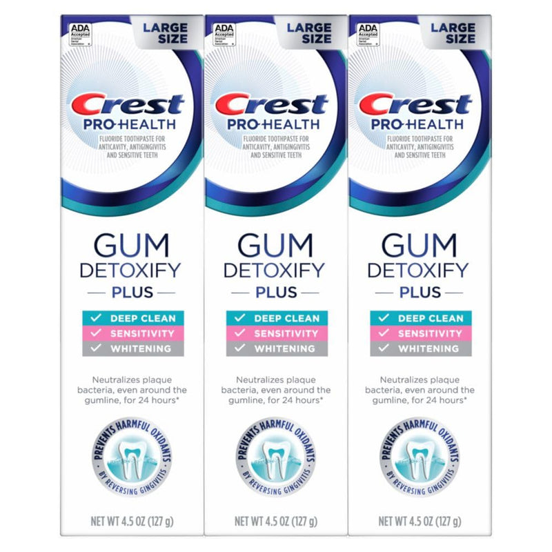 [Australia] - Crest Pro-Health Gum Detoxify Plus Toothpaste 4.5 oz Pack of 3 - Antibacterial Fluoride Toothpaste, Sensitivity Protection, Whitens Teeth, Anticavity, Plaque Control 