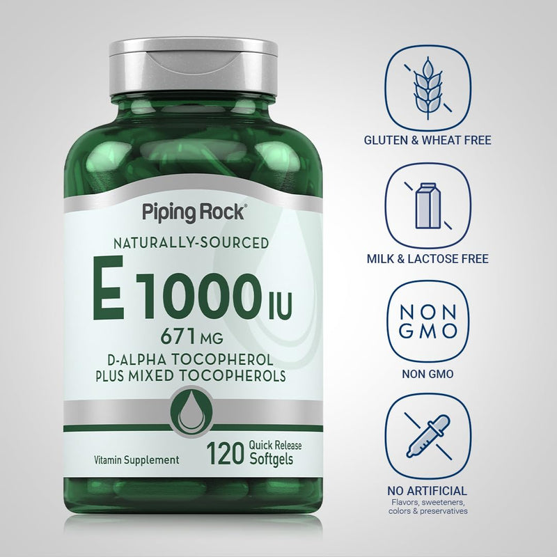 [Australia] - Piping Rock Vitamin E 1000 IU Softgel Capsules | 120 Count | with D-Alpha and Mixed Tocopherols | Gluten Free, Non-GMO Supplement 