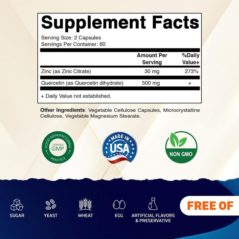 Vitamatic Zinc Quercetin - 120 Vegetarian Capsules - Zinc as Zinc Citrate 30mg & Quercetin Dihydrate 500 mg per Serving - Immune Support