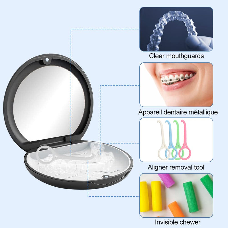 [Australia] - Braces Box, Portable Box Dental Splint Box with Mirror Empty Orthodontic Tooth Retainer Box for Holder and Mouth Guard with Tool for Removing Aligners (Black) Black 