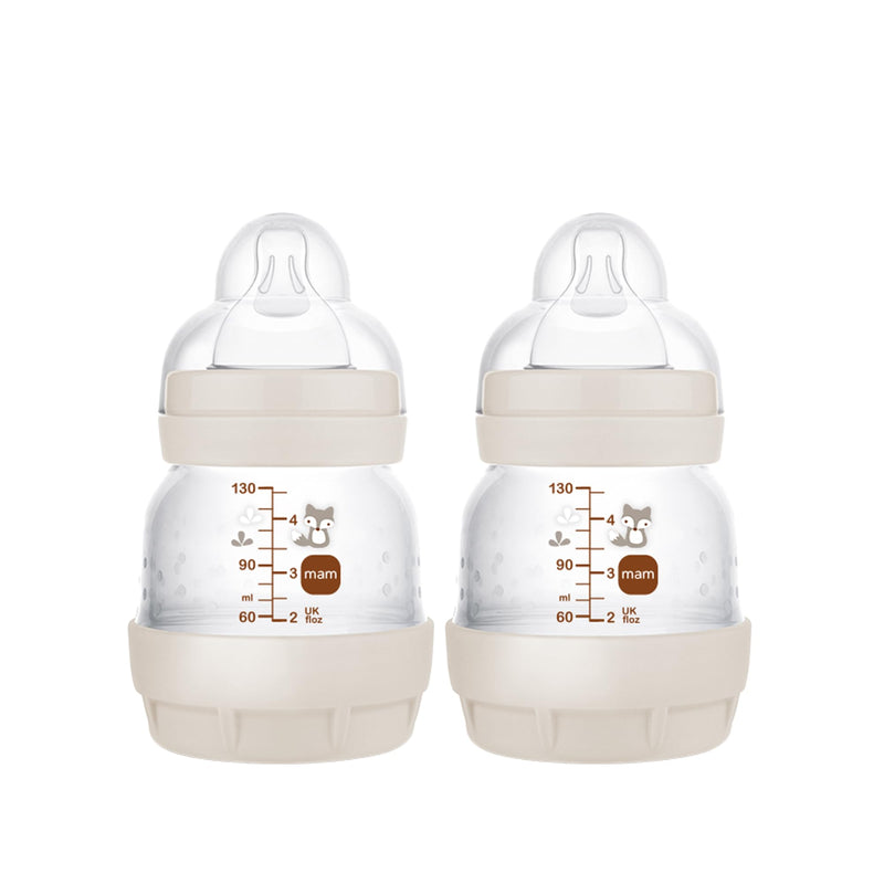 [Australia] - MAM Easy Start Anti-Colic Baby Bottles, Extra Slow Flow, Breastfeeding-Like Silicone Nipple Bottle, Reduces Colic, Gas, & Reflux, Easy-to-Clean, BPA-Free, Vented Baby Bottles for Newborns, 0-3 Months 4.5oz 2 Count (Pack of 1) Cotton 