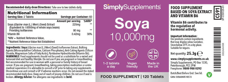 SOYA 10,000mg | Supports Hormonal Balance with Vitamin B6 | Potent Daily Formula | Vegan and Vegetarian Friendly | 120 Tablets = 2 Months' Supply | Manufactured in The UK Unflavoured 1 count (Pack of 120)