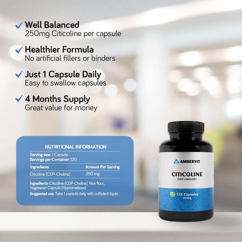 Citicoline (CDP Choline) 250 mg – 120 Capsules – for Memory, Focus & Cognitive Performance – No Artificial Additives – 4-Month Supply | Ambervit