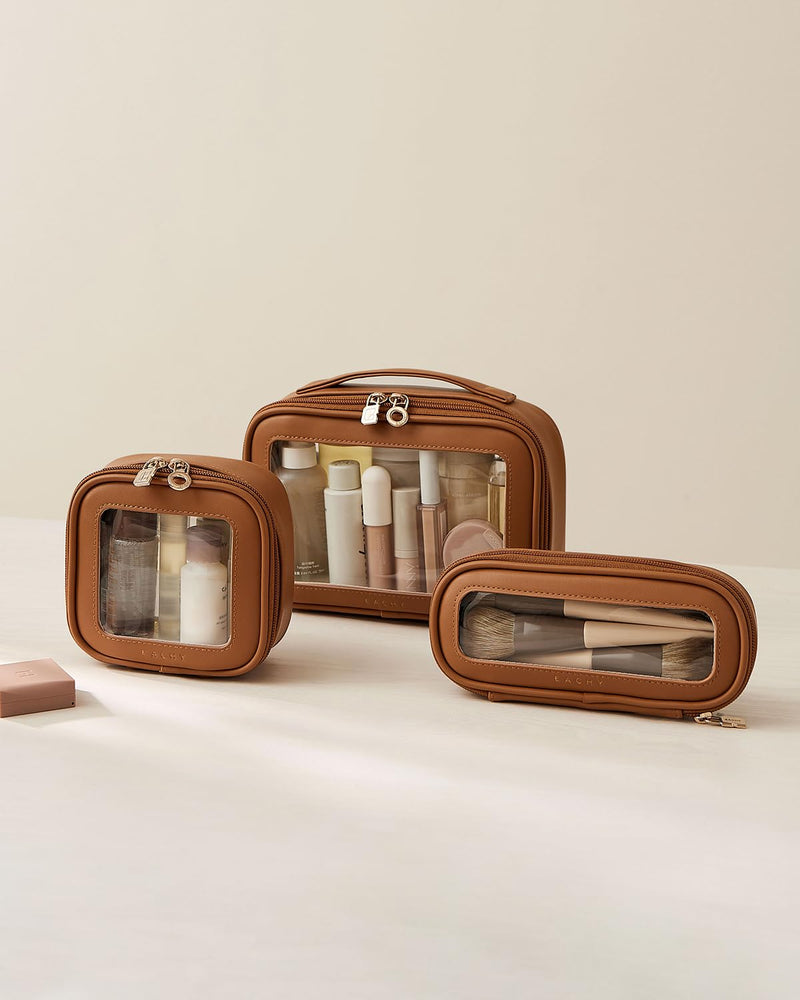 EACHY Travel Makeup Bag（Brown-Medium Size） & Clear Makeup Bag（Brown-Mini Size）