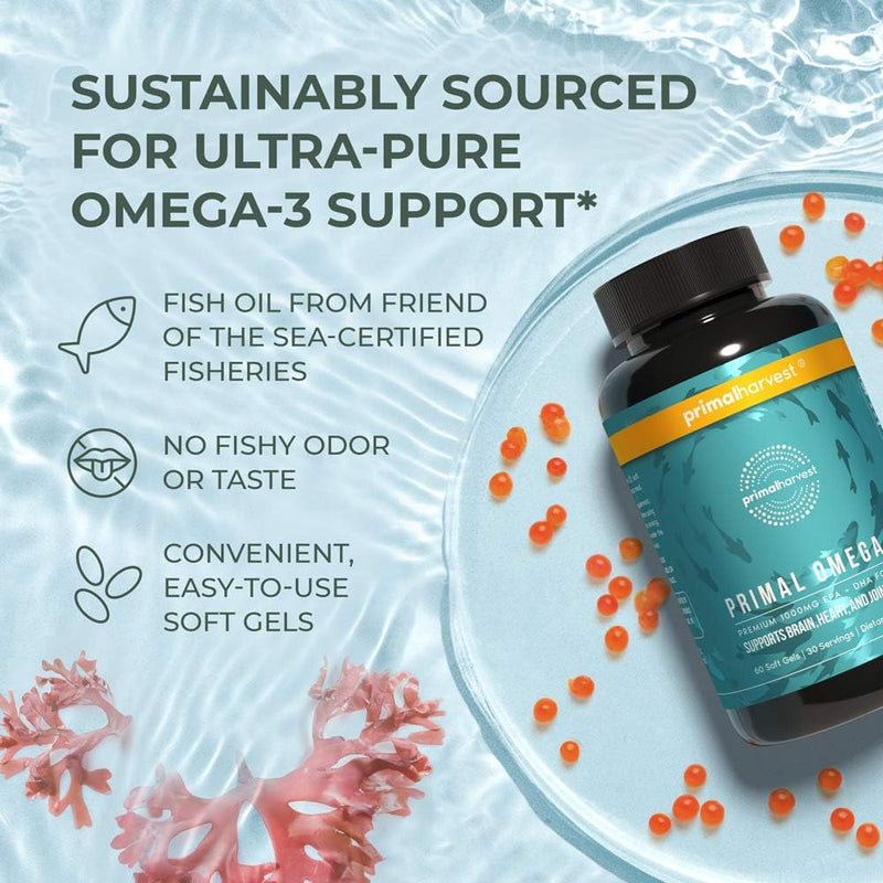 [Australia] - Primal Harvest Omega 3 Fish Oil Supplements, 30 Servings Soft Gels Capsules w/ 1000mg EPA + DHA Supplements, No Fishy Burps Non-GMO Omega 3 Fatty Acid 60 Count (Pack of 1) 
