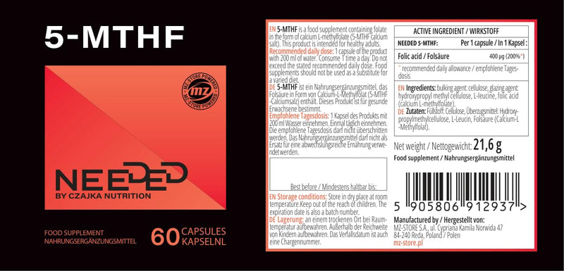 5-MTHF L-Methylfolate 400 µg - 60 Vegan Capsules | 60-Day Supply - Brain Support & Energy & Vitality - Needed