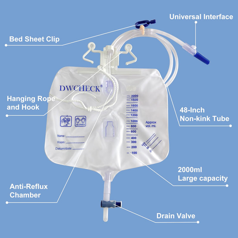[Australia] - 5 Pack Urinary Drainage Bag with Anti-Reflux Chamber,2000mL Urine Bags with 48" Tube Drainage,Splash-Resistant Drain Spout,Clips and Hanging Hook,Disposable Urine Bags for Men 5 Pack 