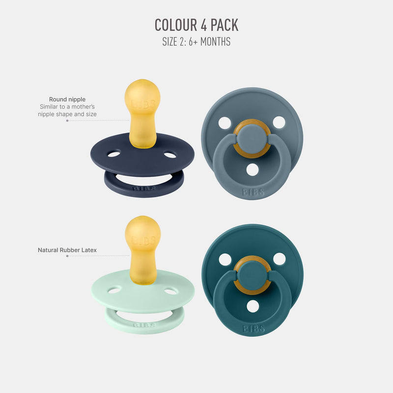 [Australia] - BIBS Pacifiers - Colour 4 Pack | Round Nipple Baby Pacifier | BPA Free Natural Rubber Latex Soother | Made in Denmark | Size 6-18 Months | Boy Colors 6-18 Month 