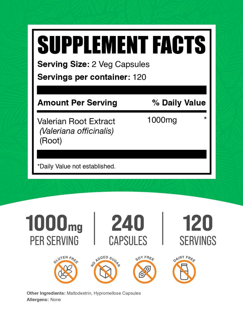 [Australia] - BulkSupplements.com Valerian Root Capsules - Valerian Root Extract, Valerian Root Supplement - Herbal Supplement, Gluten Free, 2 Capsules per Serving, 240 Capsules (Pack of 1) 
