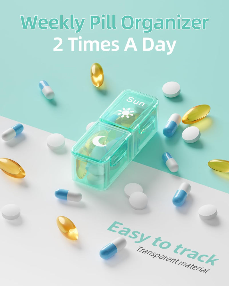 Betife AM PM Pill Organizer 7 Day, Weekly Pill Organizer Box 2 Times a Day | Portable Travel Pill Organizer, Cute, Easy Open, Airtight, Fashion, Dust-Proof, Reusable, Sturdy for Medication, Vitamin Green