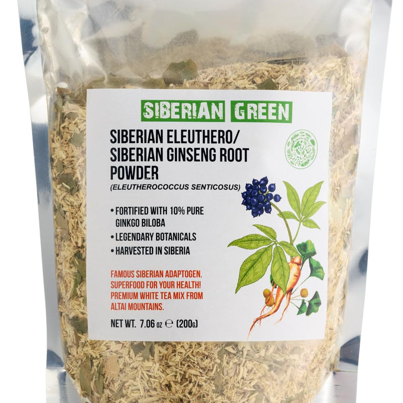 Siberian Ginseng Dried Root Cut Sifted Powder 200g (7.06 oz) Eleutherococcus Senticosus Siberian Eleuthero Pure Natural Fortified with Ginkgo Biloba
