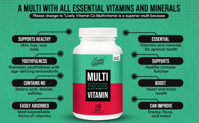LIVELY VITAMIN CO. Multivitamin - 37 Vitamins Minerals and Extracts - Energy - Memory - Immune Function - Heart- Brain - Focus - Mood - Antioxidants - Dairy Gluten Soy Free - 120 Vegetarian Capsules 120 Count (Pack of 1)