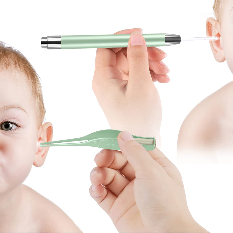 [Australia] - 4 Pack Ear Wax Removal Tool Kit with Light, Ear Pick Ear Cleaning Tools Set for Kids and Adults, Ear Picks Digger & Tweezers & Spiral Spring Ear Spoon with Storage Box (Green) Green 