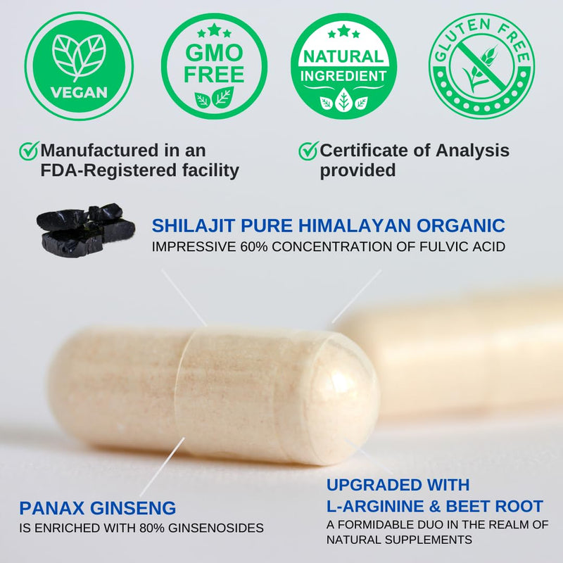 [Australia] - Shilajit Pure Himalayan Capsules (60% Fulvic Acid) - 1500mg with Panax Ginseng, Shilajit Supplement per serving - High in Trace Minerals *USA Made & Tested* Immune Support 
