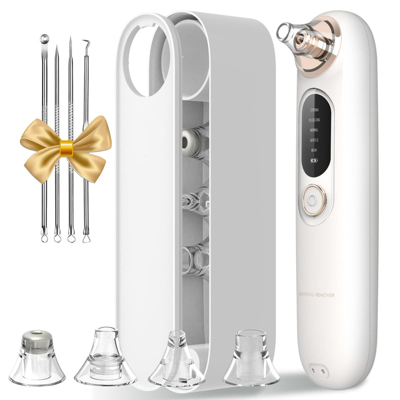 Blackhead Remover Pore Vacuum Kit for Face, 5 Adjustable Suction Levels Blackhead Extraction Tool, Face Suction Pore Cleaner with 4 Suction Heads, 4 Probes for Women & Men (White) White