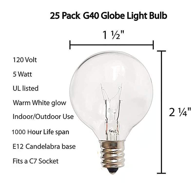 [Australia] - G40 Replacement Light Bulbs, 120V 5W Clear Globe Bulb, E12 / C7 Candelabra Base, 1.5 Inch Glass Incandescent Bulbs for Indoor Outdoor Patio String Lights, Warm White -25 Pack 