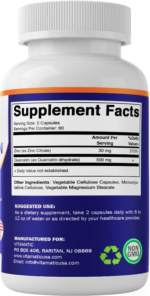 Vitamatic Zinc Quercetin - 120 Vegetarian Capsules - Zinc as Zinc Citrate 30mg & Quercetin Dihydrate 500 mg per Serving - Immune Support