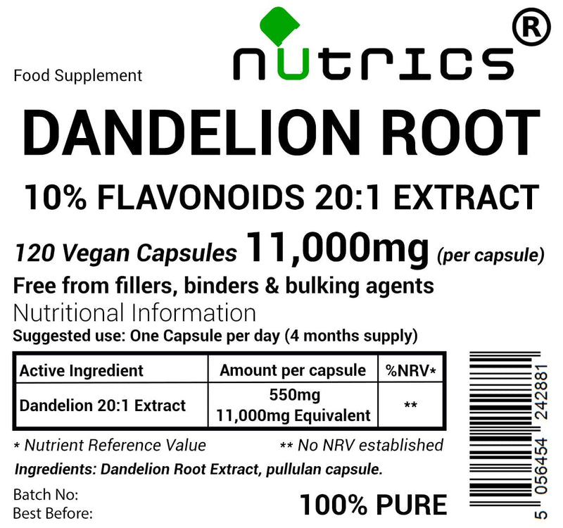 11,000mg (per Capsule) Dandelion Root Extract 120 V Capsules - 10% FLAVONOIDS - Strong One A Day - 100% Pure - No fillers Binders or Bulking Agents (120)