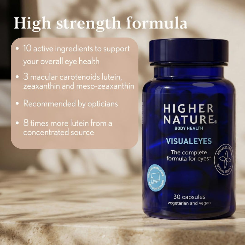 Higher Nature - VisualEyes - Supports Vision - Lutein, Zeaxanthin, Bilberry & Essential Vitamins - 10 Active Ingredients - Vegan - 30 Capsules Unflavoured 30 count (Pack of 1)